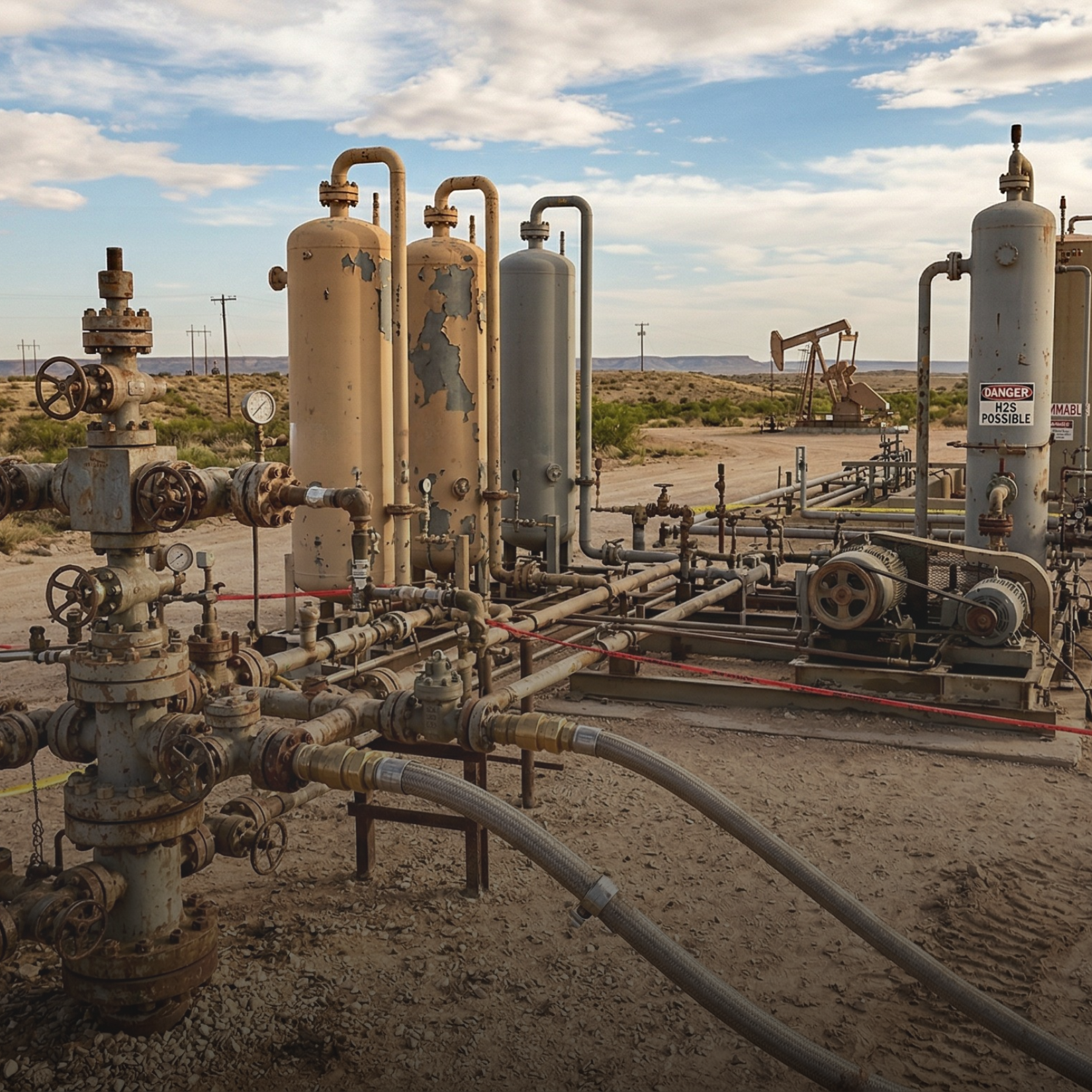 Oilfield production site in West Texas featuring H2S treatment vessels and bubble towers for chemical injection.