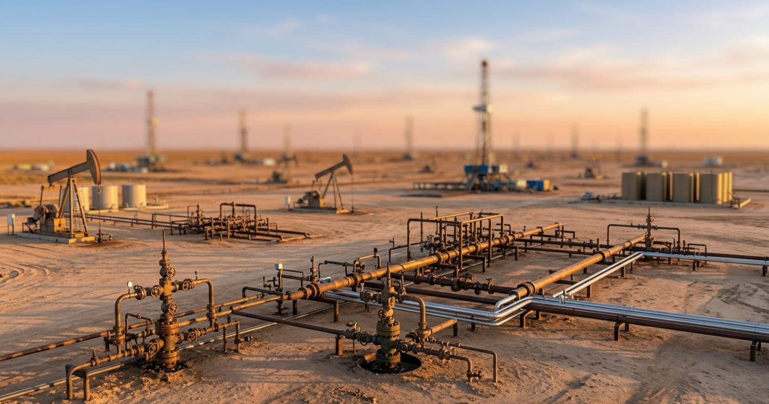 Panoramic view of an expansive oil and gas field at sunset featuring grounded equipment, wellheads, and drilling rigs.