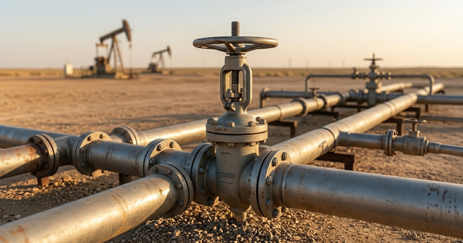 Close-up of a multi-port flowline manifold with a gate valve correctly in the closed position to demonstrate proactive isolation.