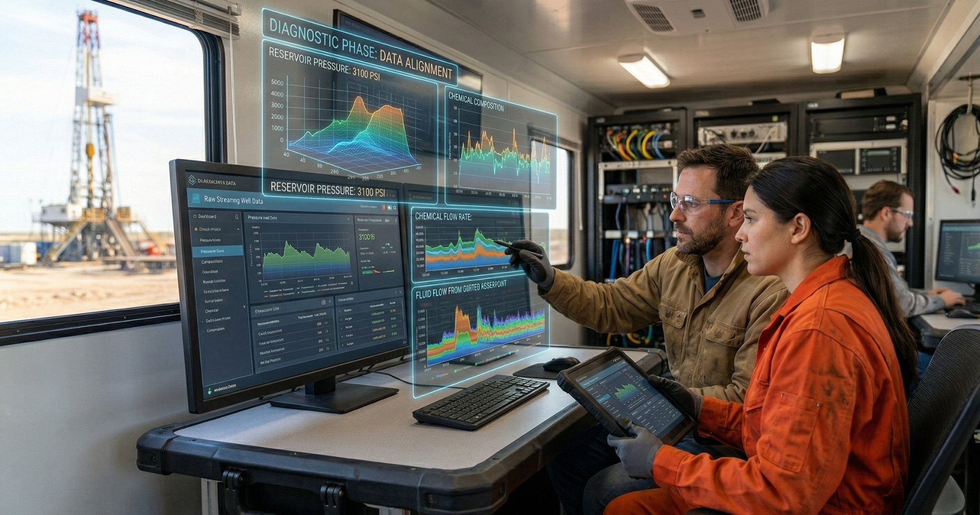 Smart Chemical Services specialists analyzing oilfield production data and pressure curves inside a technical trailer.