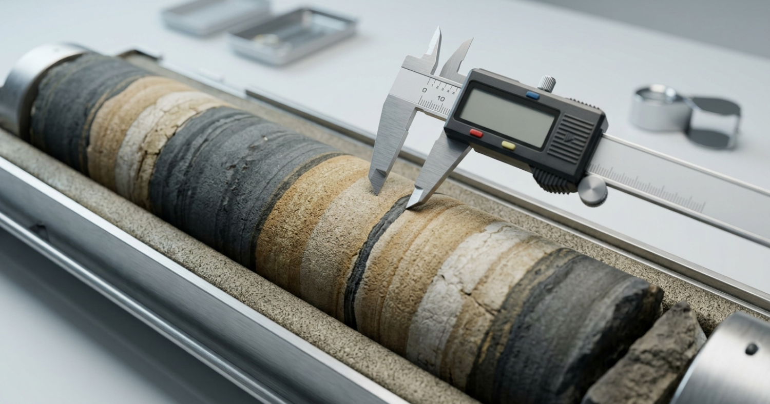 A subterranean core sample showing distinct geological rock layers being measured by a digital caliper in a padded tray.