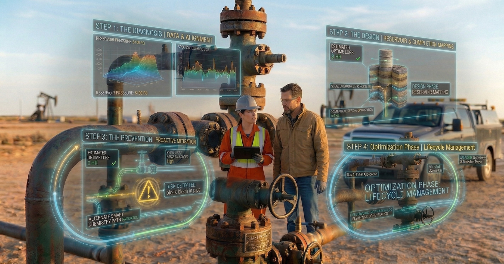 A unified 4-step infographic by Smart Chemical Services showing Diagnosis, Design, Prevention, and Optimization.