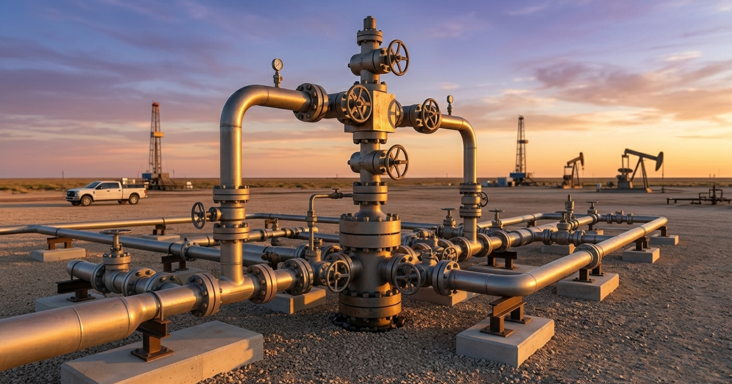 A clean, well-maintained surface Christmas tree wellhead at sunset with organized piping and a utility truck in the background.
