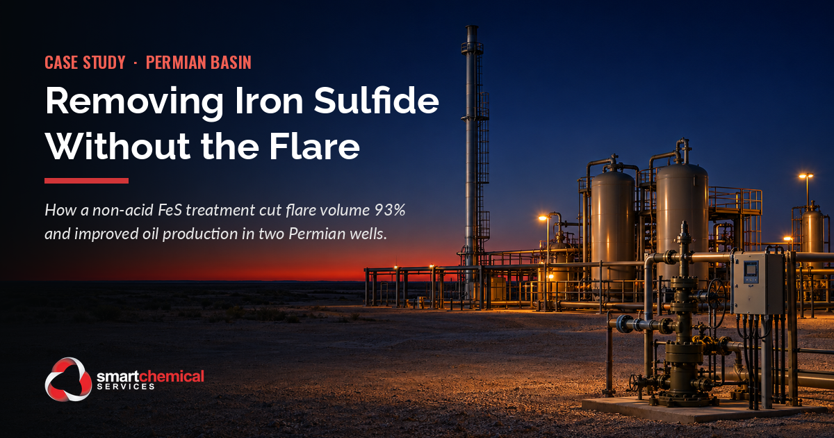 Oil production facility at dusk with an unlit flare stack against a dark sky, illustrating iron sulfide removal without flaring.